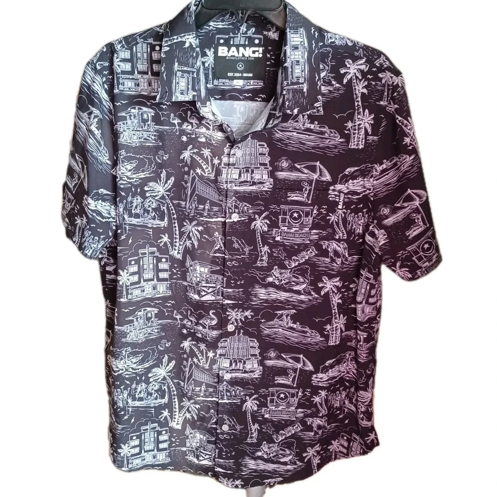 Bang! Miami Men‎ XL Stretch Shirt Toile Pattern Black Street Wear Beach Clubbing